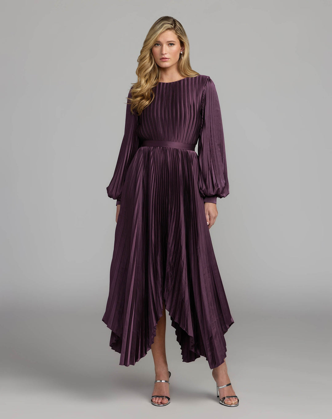 Mac Duggal 11638 Long Sleeve Pleated Charmeuse Handkerchief Dress