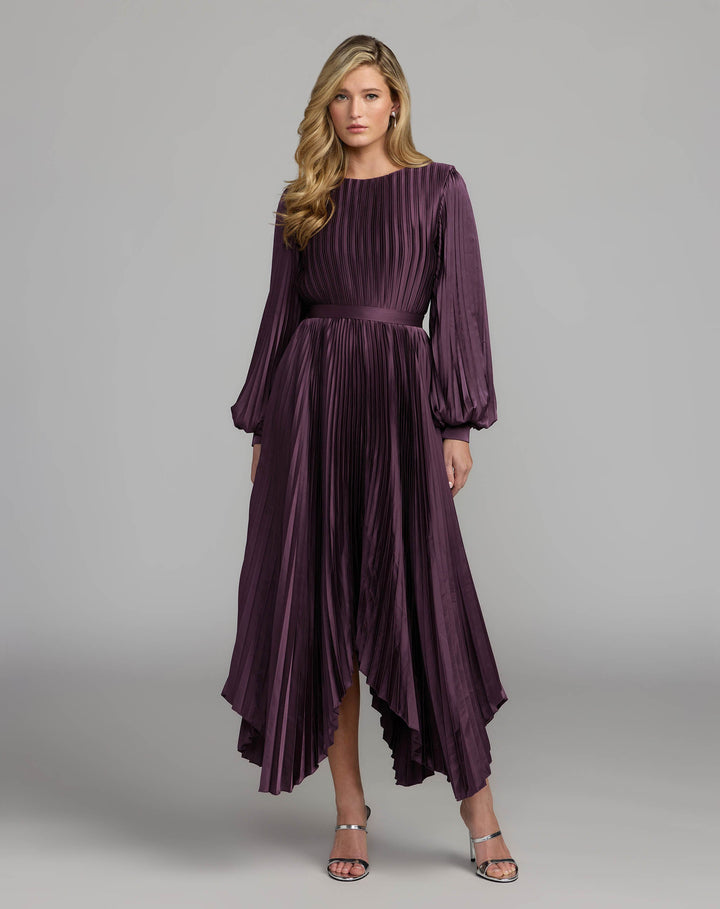 Mac Duggal 11638 Long Sleeve Pleated Charmeuse Handkerchief Dress