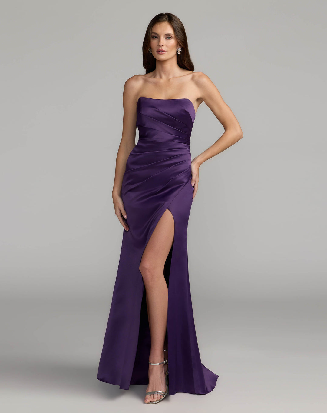 Mac Duggal 11653 Strapless Satin Gown With High Slit