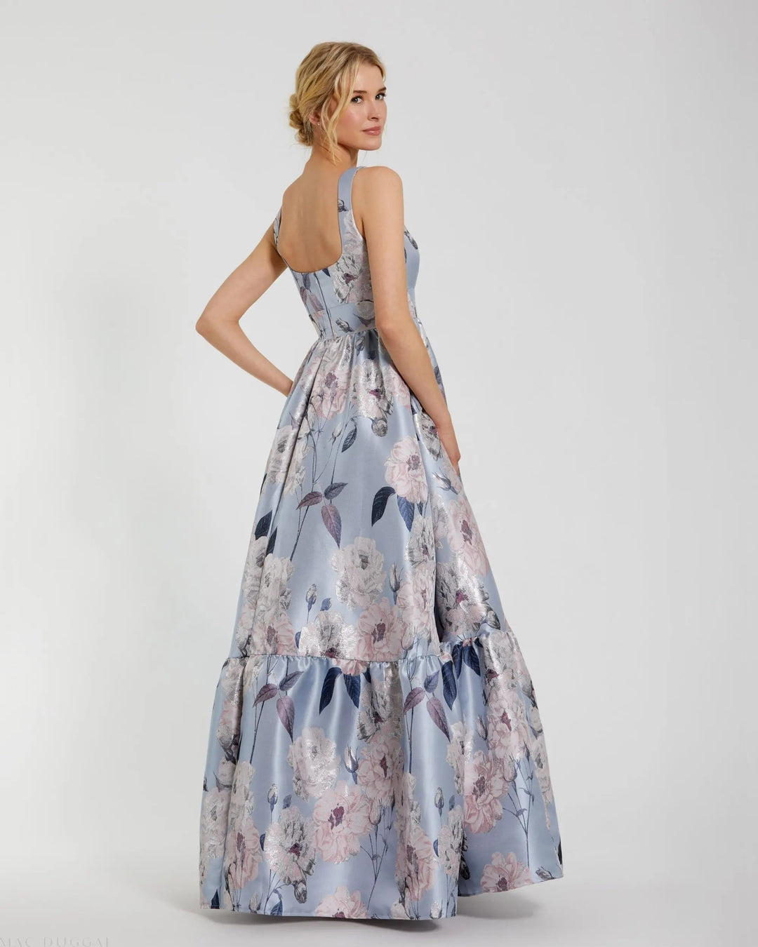 Mac Duggal 11826 Blue Floral Printed Satin Gown with Pockets
