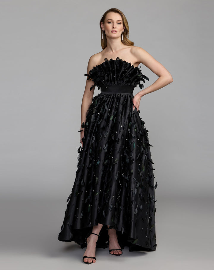 Mac Duggal 11835 Strapless Feather Embellished High Low Satin Gown