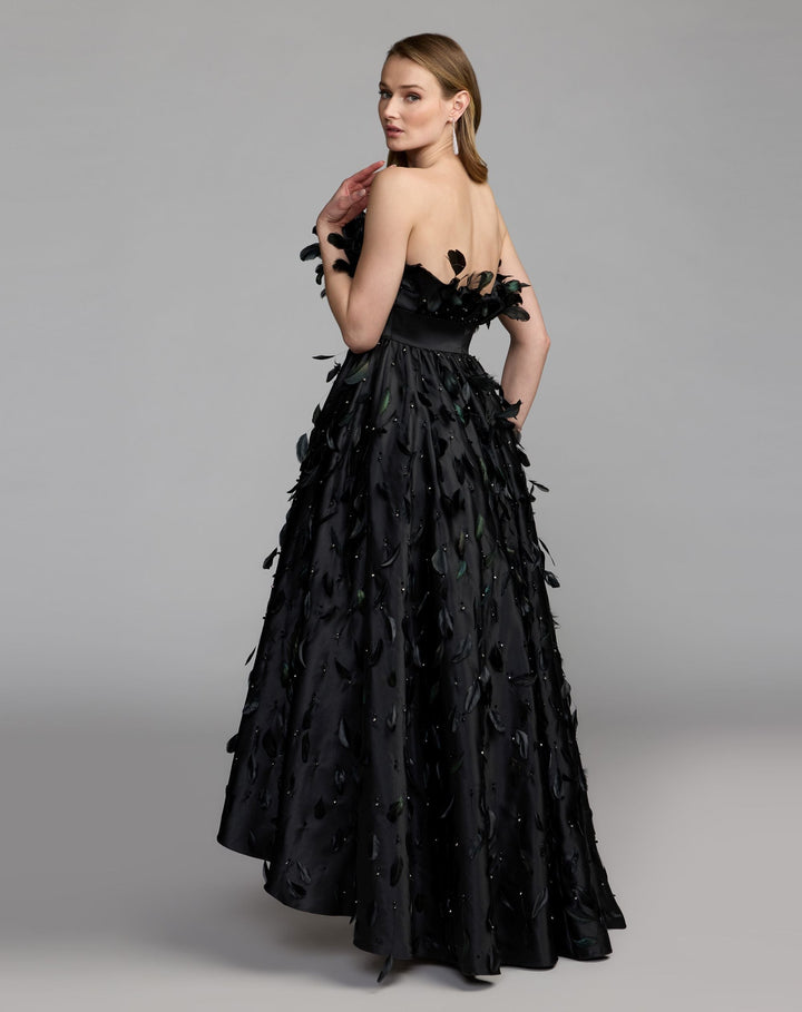 Mac Duggal 11835 Strapless Feather Embellished High Low Satin Gown
