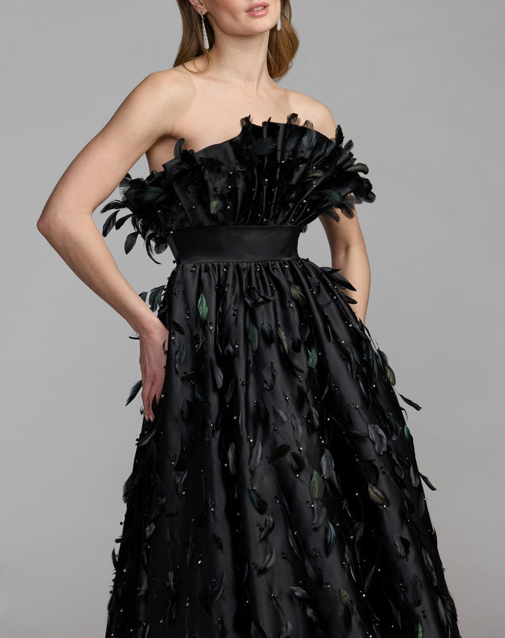 Mac Duggal 11835 Strapless Feather Embellished High Low Satin Gown