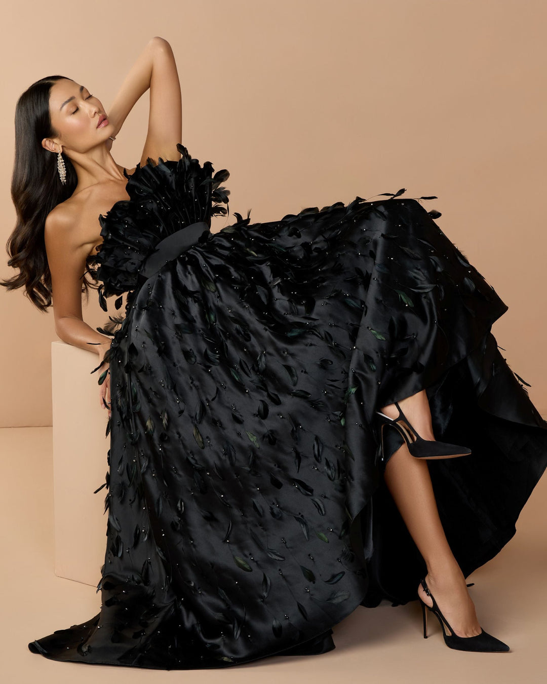 Mac Duggal 11835 Strapless Feather Embellished High Low Satin Gown