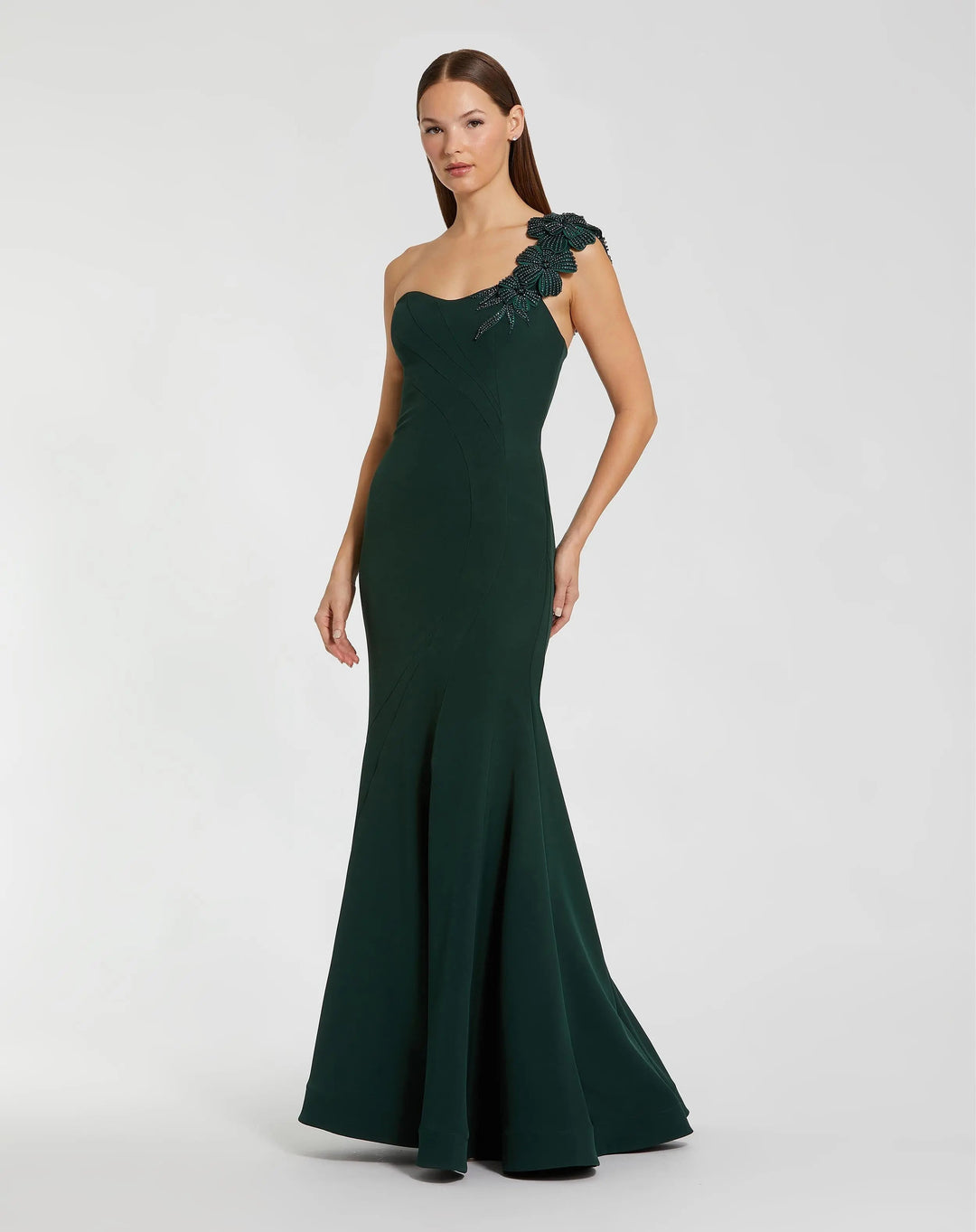 Mac Duggal SKIRT Emerald Green One Shoulder Beaded Flower Mermaid Gown