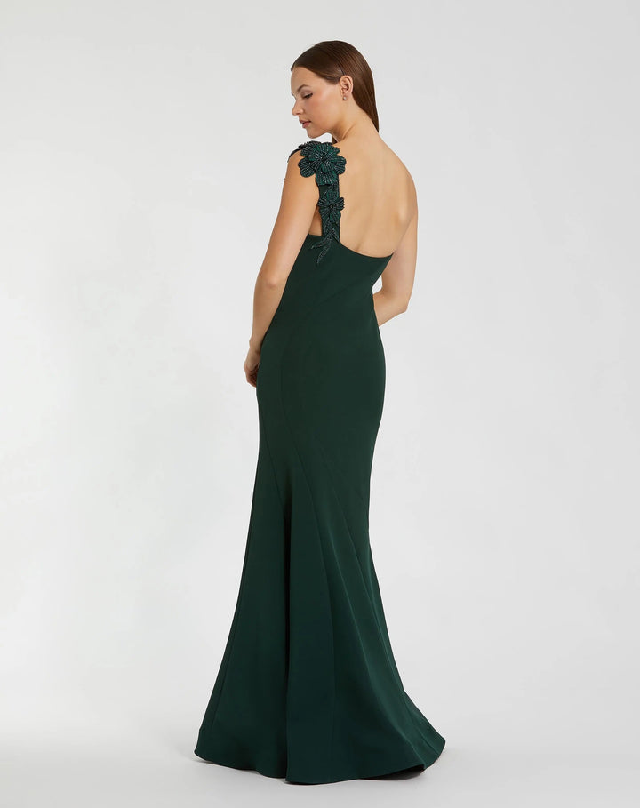 Mac Duggal SKIRT Emerald Green One Shoulder Beaded Flower Mermaid Gown