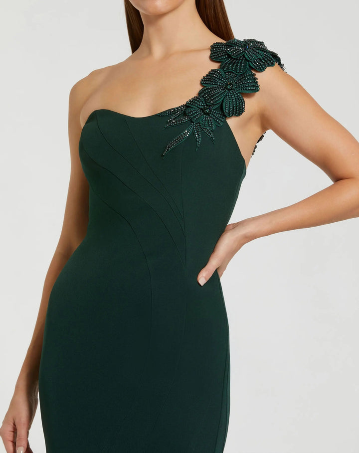 Mac Duggal SKIRT Emerald Green One Shoulder Beaded Flower Mermaid Gown