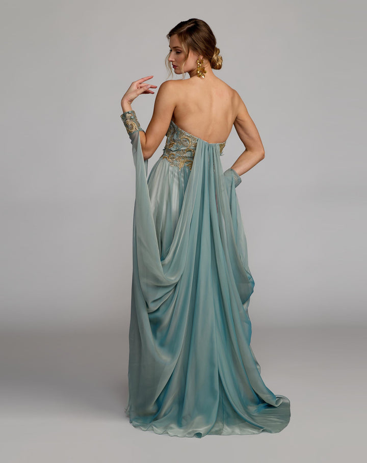 Mac Duggal 11896 Blue Floral Embellished Chiffon Cape Gown