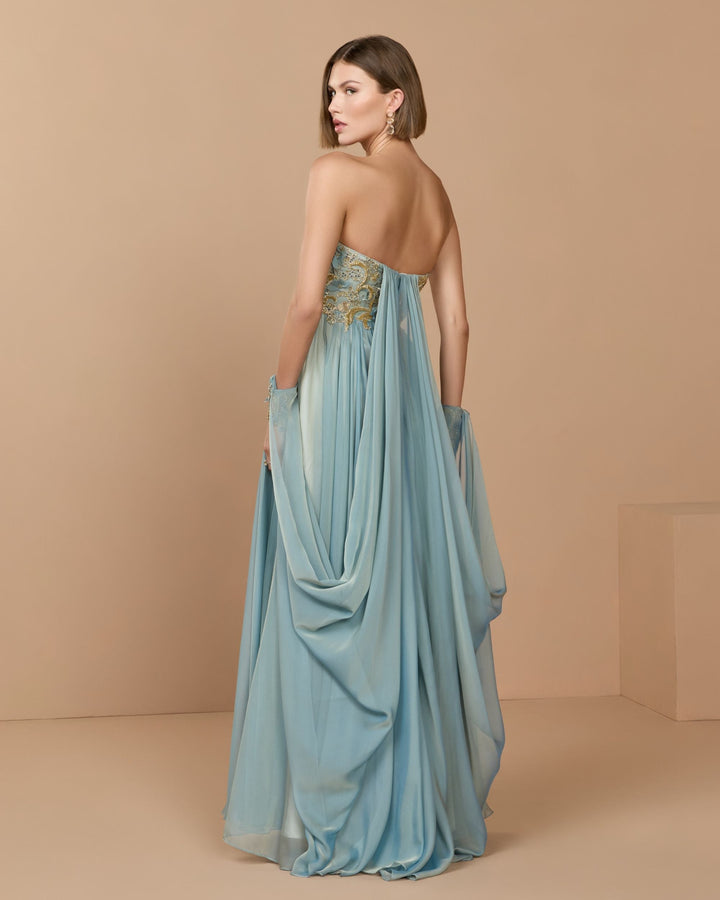 Mac Duggal 11896 Blue Floral Embellished Chiffon Cape Gown