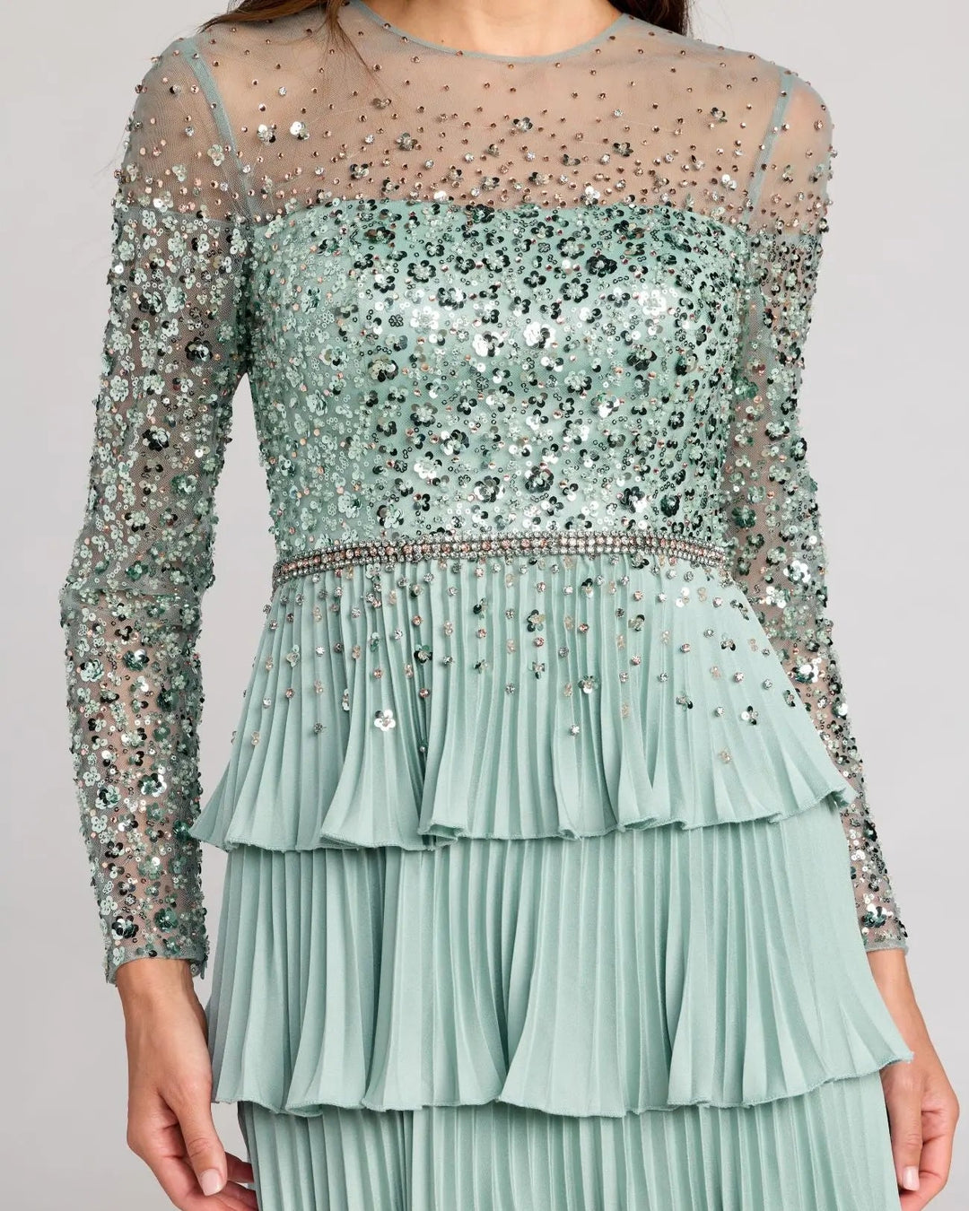 Mac Duggal 11903 Green Embellished Illusion Long Sleeve Ruffle Gown
