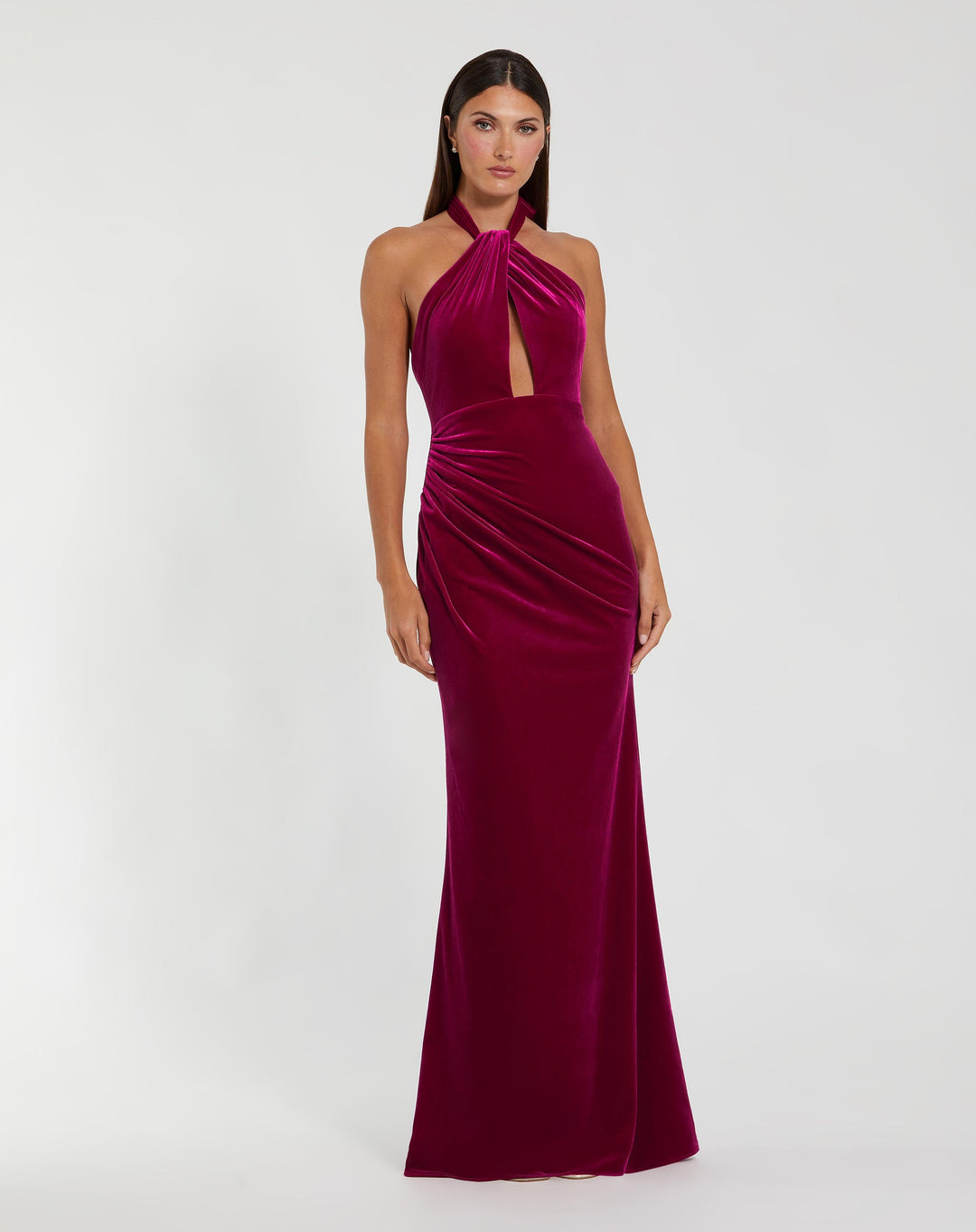 Mac Duggal 11924 Twist Neck Open Front Velvet Draped Gown