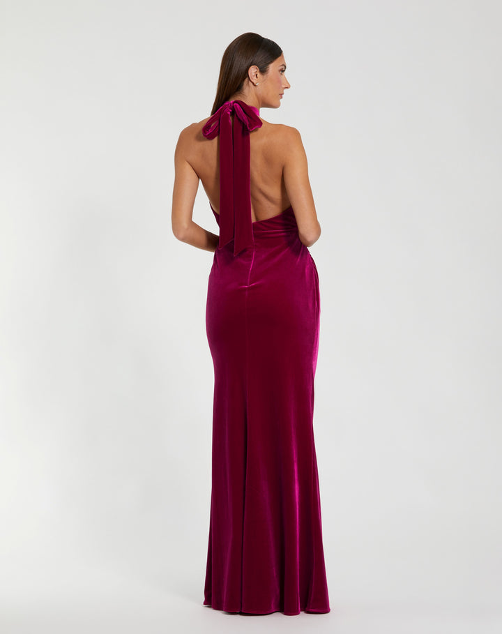 Mac Duggal 11924 Twist Neck Open Front Velvet Draped Gown