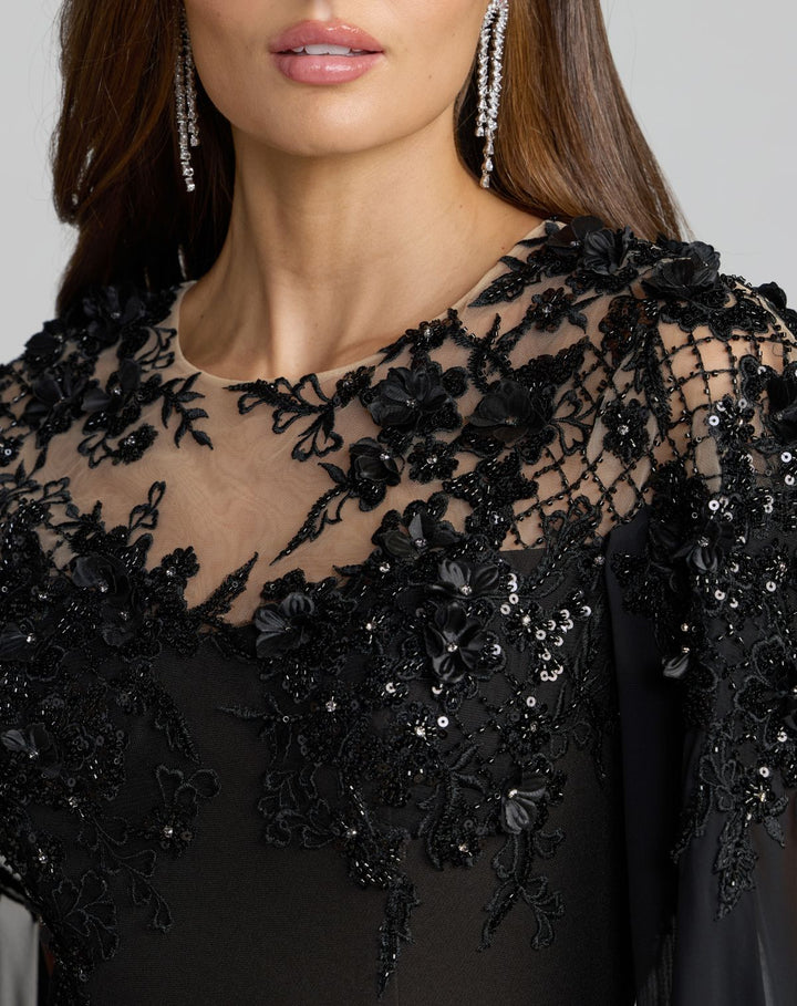 Mac Duggal 11954 Black Floral Embellished Crepe Gown With Chiffon Cape