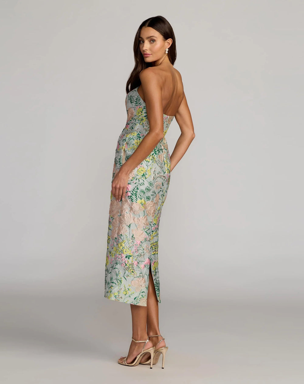 Multicolor Strapless Brocade Midi Dress With Pockets - FOSTANI.com