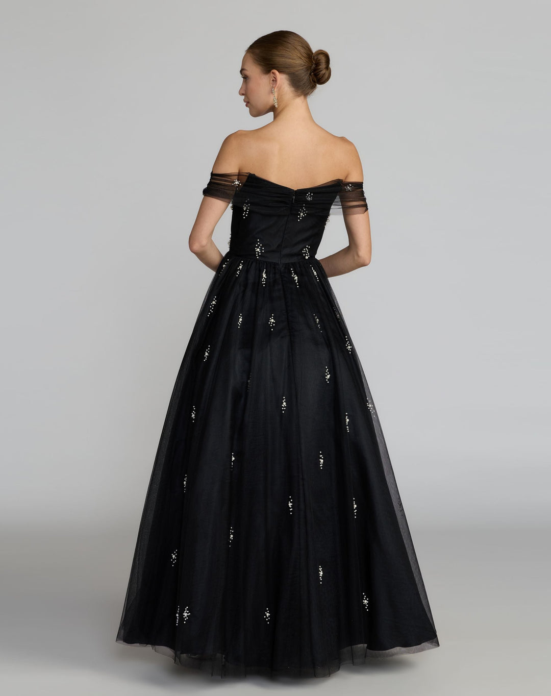 Mac Duggal 13227	Black Pearl Embellished Off the Shoulder Ball Gown