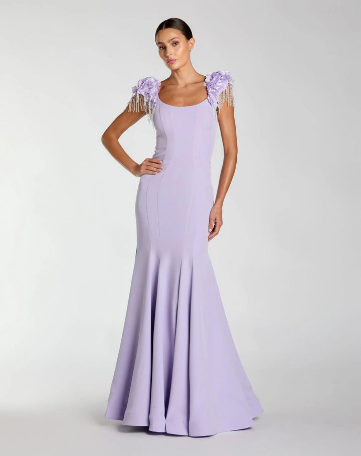 Purple Scoop Neck Mermaid Gown With Embellished Sleeves - FOSTANI.com