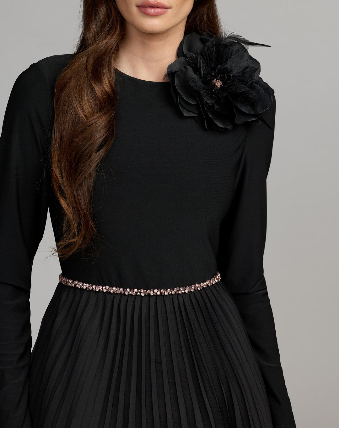 Mac Duggal 13276 Long Sleeve Pleated Organza Gown With 3D Flower