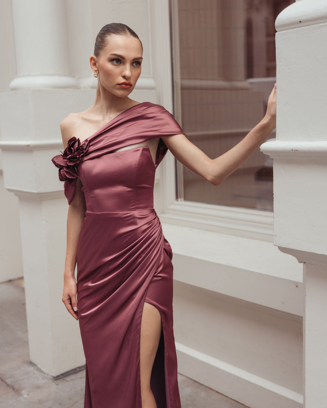 Mac Duggal 13311 Charmeuse One Shoulder Gown With 3D Flower