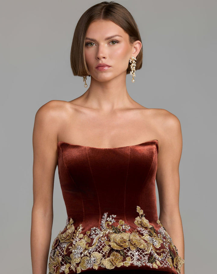 Mac Duggal 13315 Strapless Embellished Velvet Peplum Gown