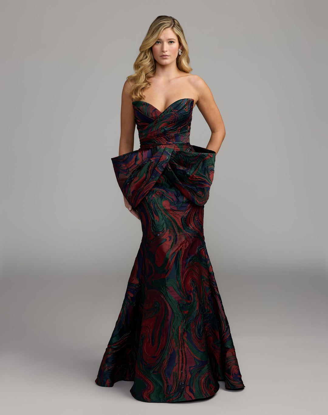 Mac Duggal 13365 Strapless Brocade Mermaid Gown With Bow Detail