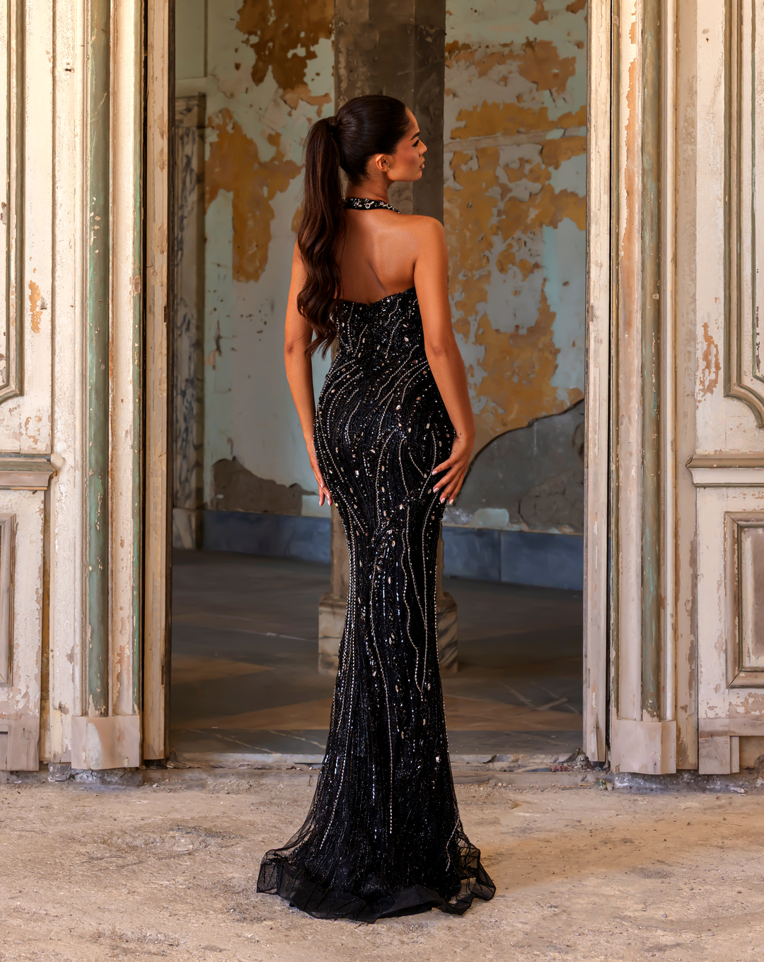 Delilah LD21121 Plunging Halter Beaded Mermaid Gown with 3D Rosette Shoulder - Black back view