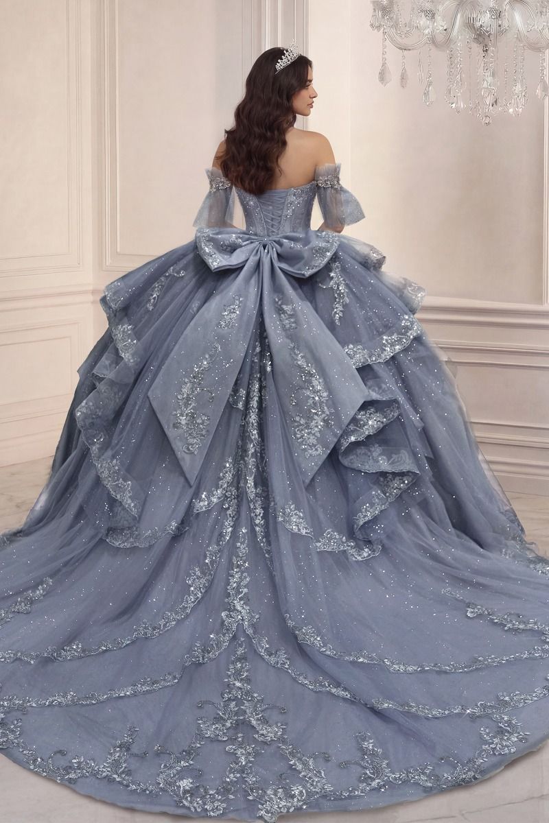 Ladivine 15741 Halter Neck Embellished Corset Quinceañera Ball Gown with Ruffled Skirt and Back Bow