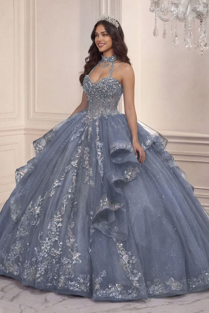Ladivine 15741 Halter Neck Embellished Corset Quinceañera Ball Gown with Ruffled Skirt and Back Bow