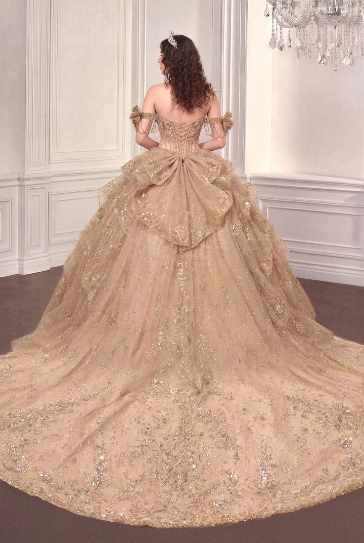 Ladivine 15743 mocha gold ball gown with lace-up corset back and train, back view