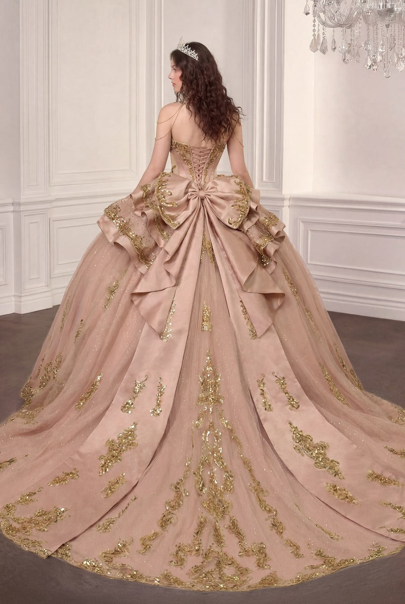 Ladivine 15744 rose gold ball gown with lace-up corset back and train, back view