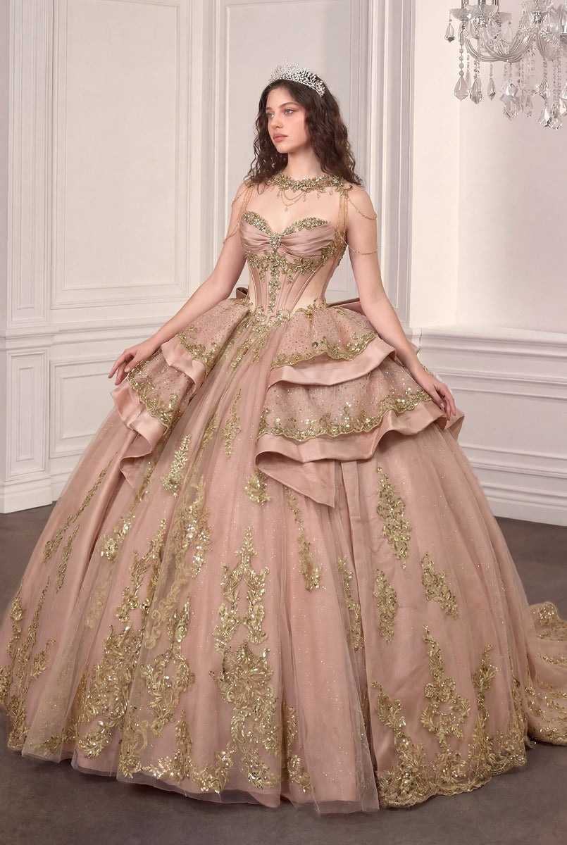 Ladivine 15744 rose gold quinceañera ball gown with illusion sleeves, front view