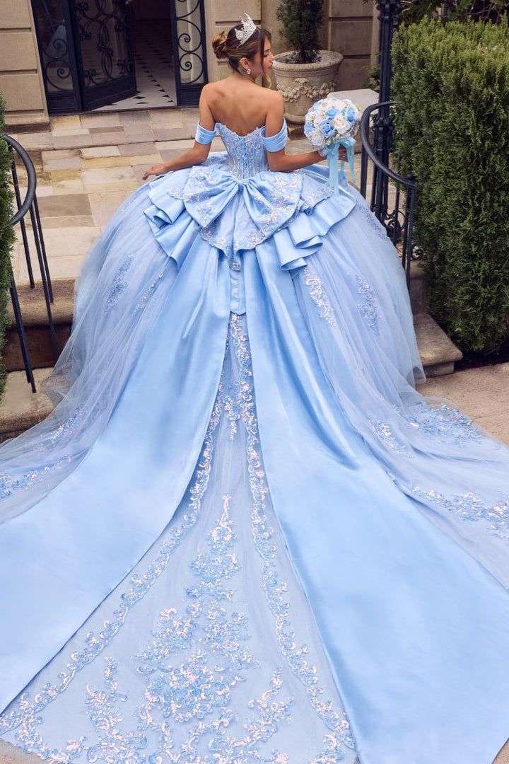 Ladivine 15745 ball gown in light blue with train, back view