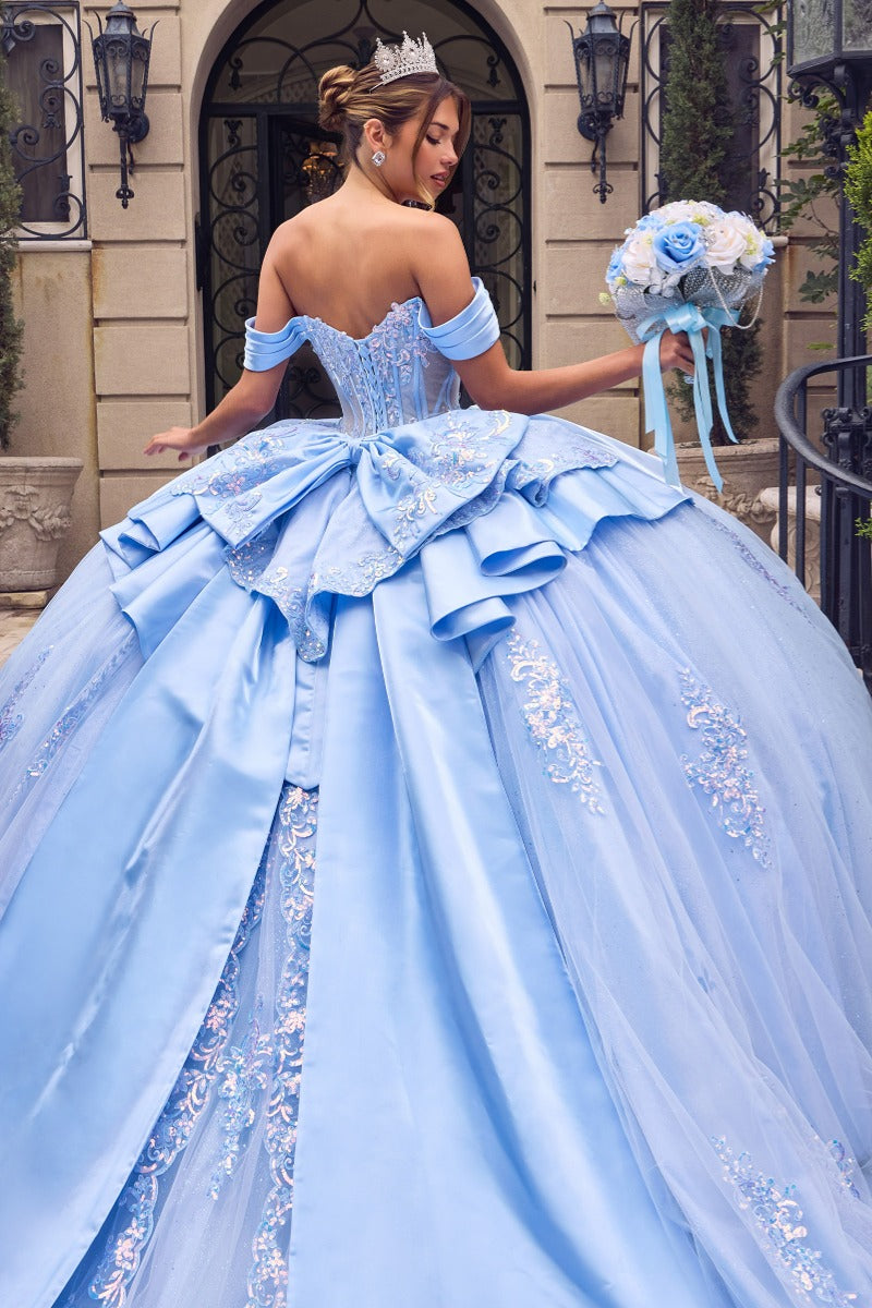 Ladivine 15745 ball gown in light blue, three-quarter back view