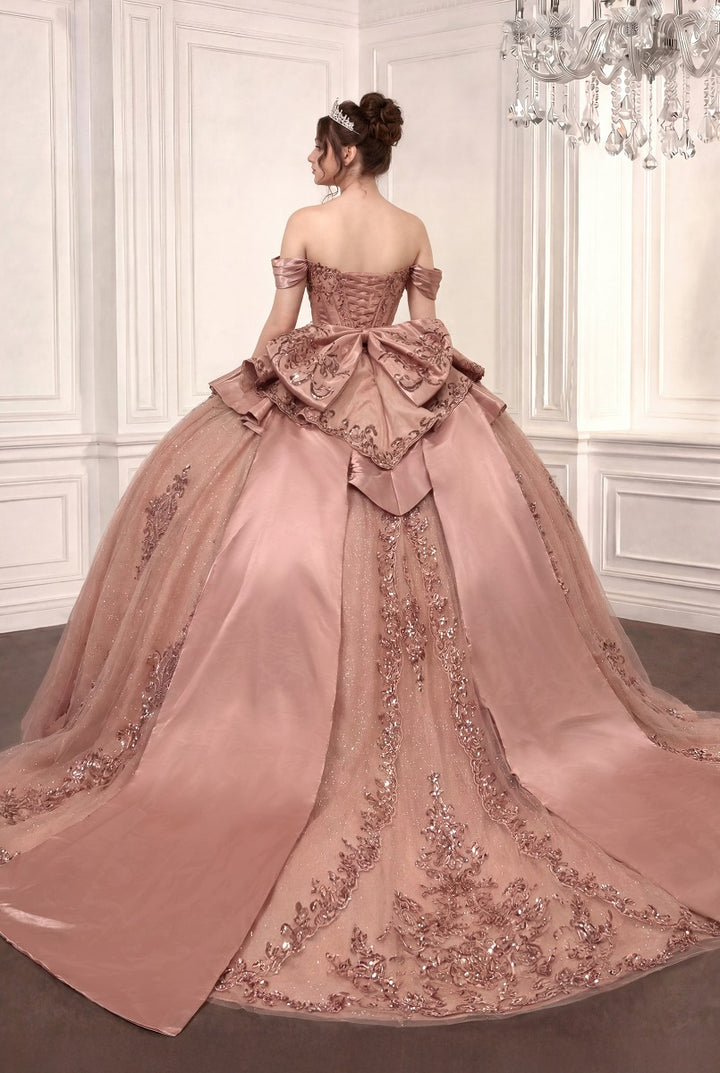 Ladivine 15745 ball gown in rose with lace-up corset back and train, back view