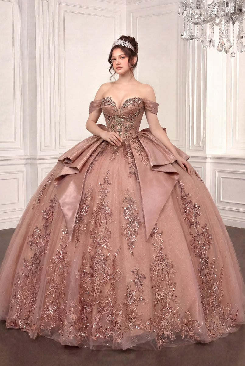 Ladivine 15745 quinceañera ball gown in rose, front view