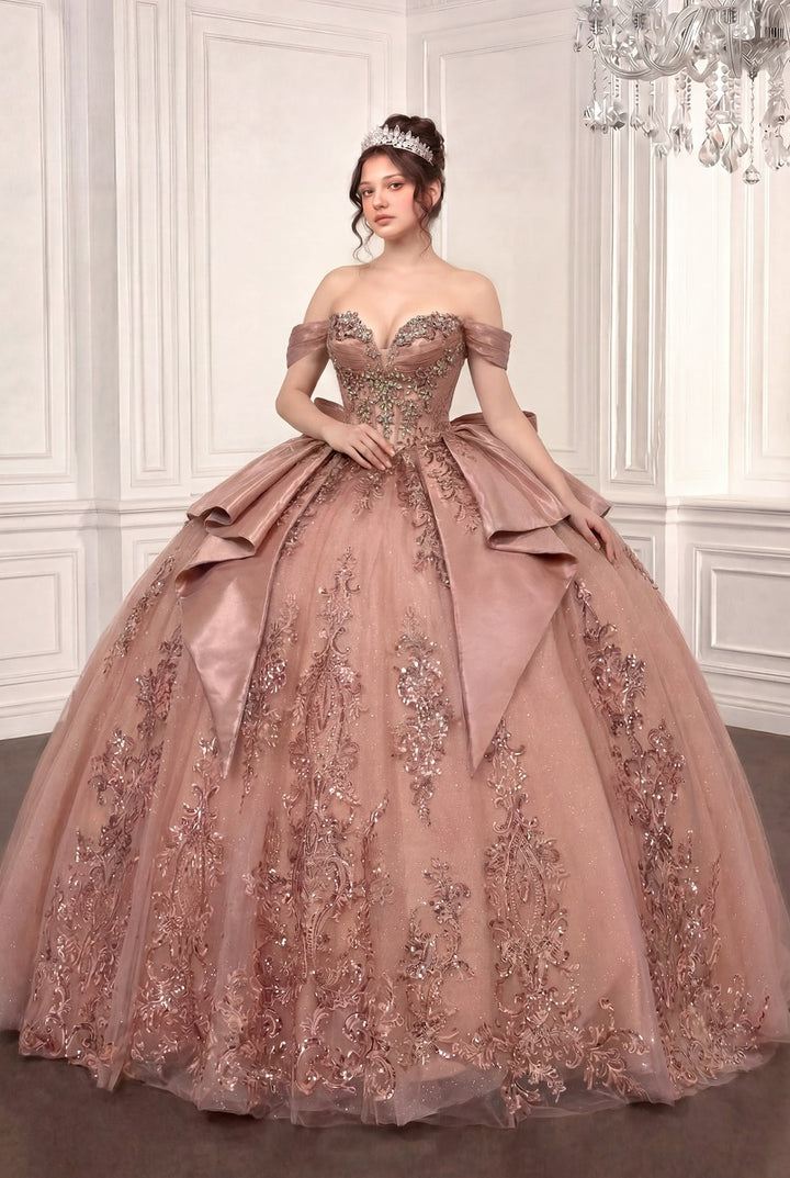 Ladivine 15745 quinceañera ball gown in rose, front view