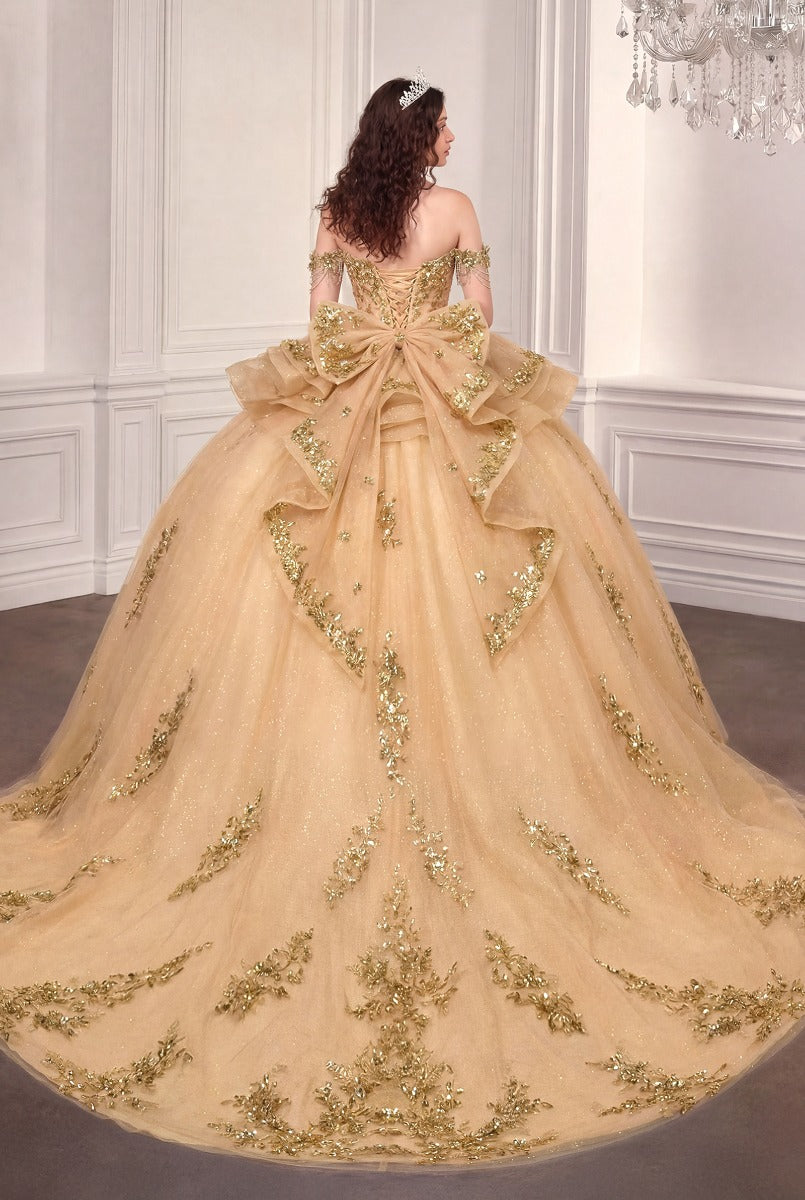 Ladivine 15746 champagne gold ball gown with lace-up corset back and train, back view