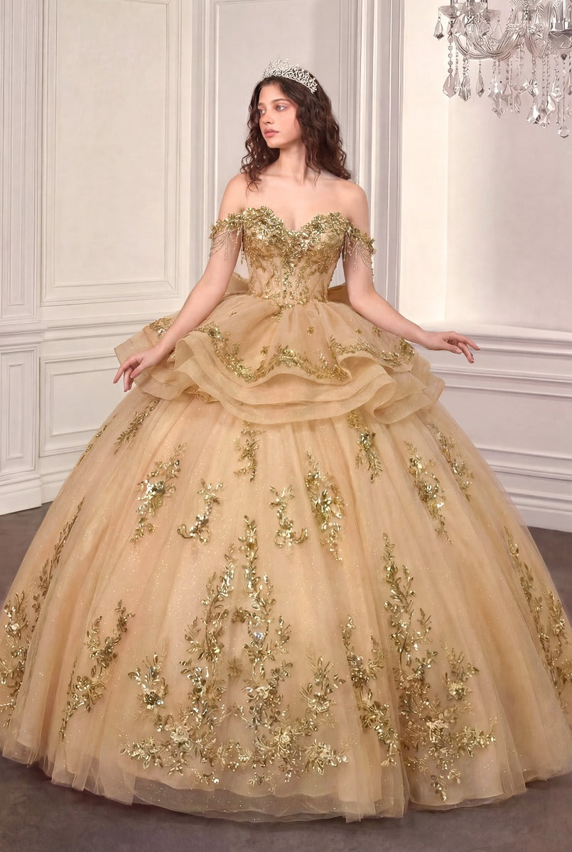 Ladivine 15746 champagne gold quinceañera ball gown, front view