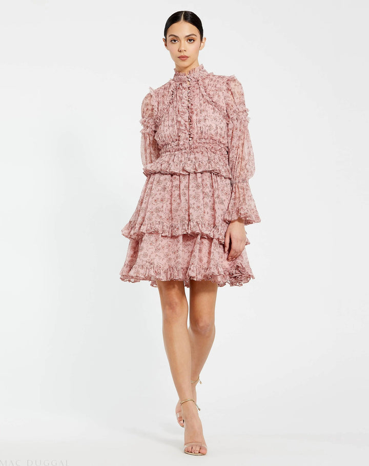 Mac Duggal 17002 Long Sleeve Mock Neck Ruffle Mini Dress