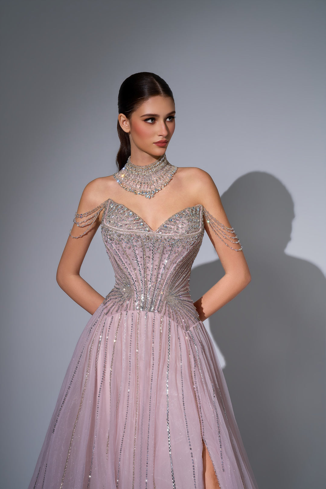 Delilah LD11671 Strapless Sunburst Crystal Corset A-Line Gown with Slit - Pink close-up view