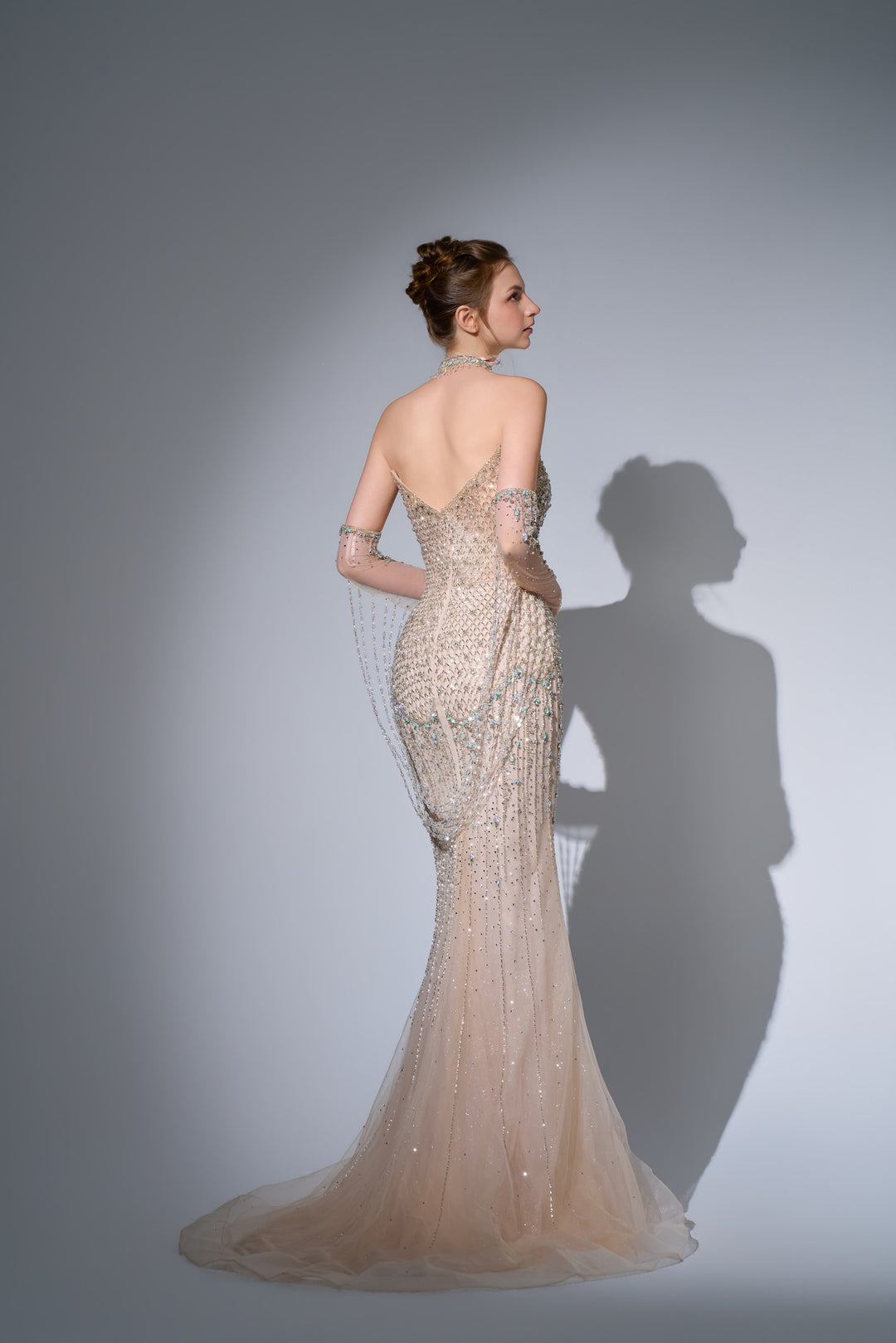 Delilah SH12075 Strapless Plunging Crystal Lattice Corset Mermaid Gown with Choker - Champagne back view