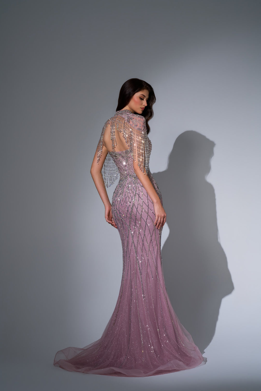 Delilah LD11692 High Neck Crystal Fringe Capelet Lattice Mermaid Gown - Pink back view