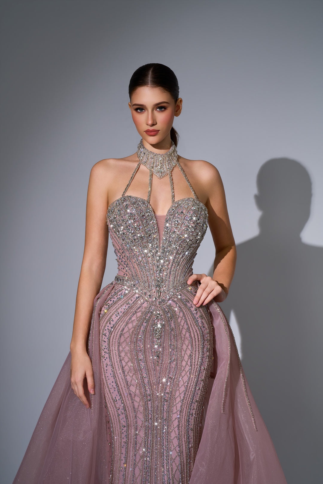 Delilah LD12027 Crystal Choker Halter Plunging Mermaid Gown with Tulle Overskirt - Pink close-up view