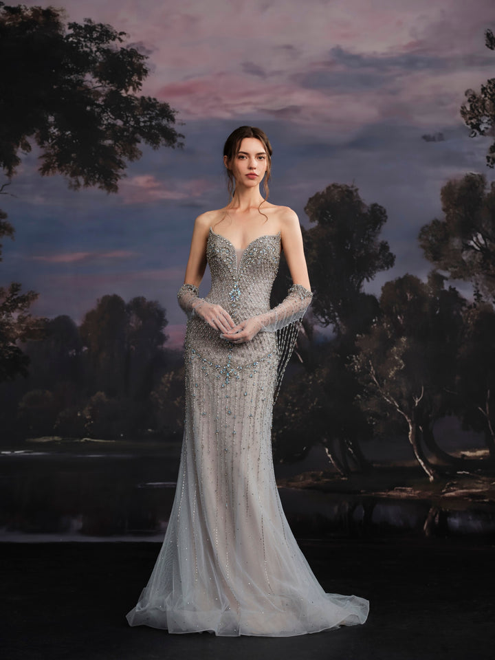 Delilah SH12075 Strapless Plunging Crystal Lattice Corset Mermaid Gown with Choker - Lilac front view
