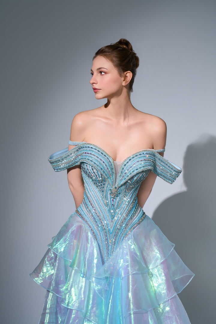 Delilah SH11630 Off-the-Shoulder Crystal Corset Gown with Iridescent Ruffle Skirt - Green close-up view