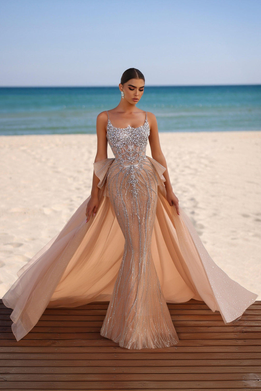 Delilah HM328 Spaghetti Strap Beaded Mermaid Gown with Ruffled Hip Overskirt - Champagne front view