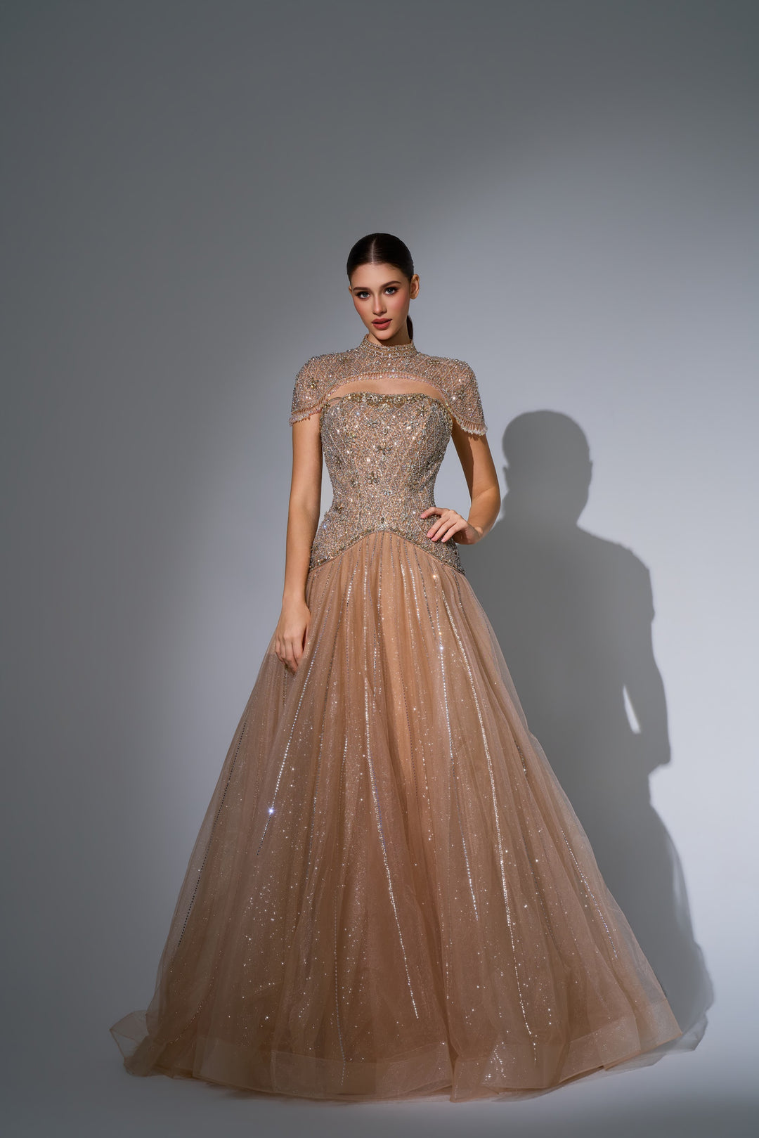 Delilah LD11679 Strapless Crystal Basque Ball Gown with High Neck Beaded Bolero - Champagne front view