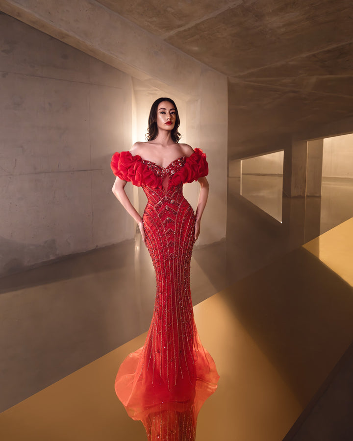 Delilah LD23025 Off-the-Shoulder Ruffle Crystal Beaded Mermaid Gown - Red front view