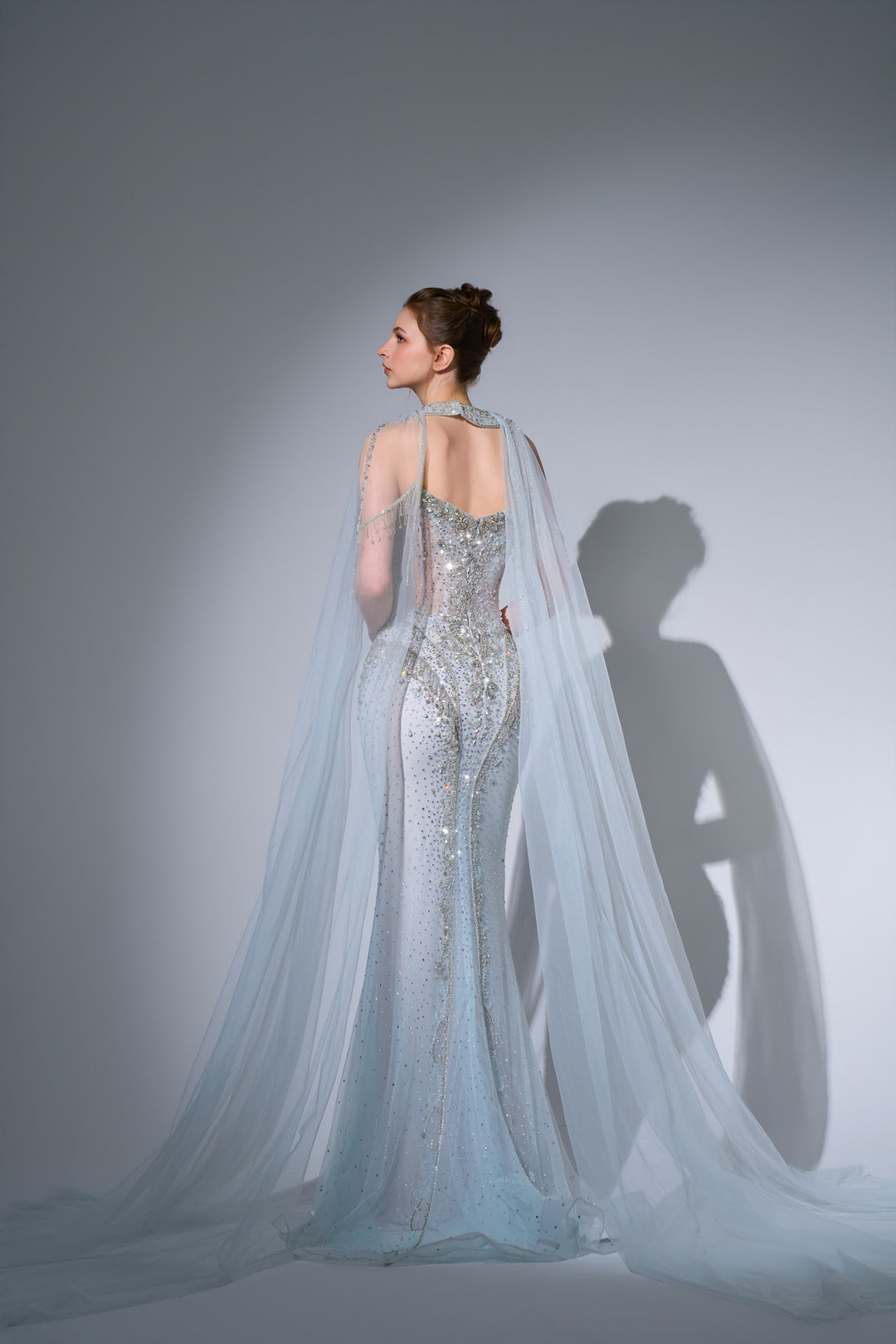 Delilah SH12066 Off-the-Shoulder Crystal Corset Mermaid Gown with Choker Tulle Cape - Blue back view