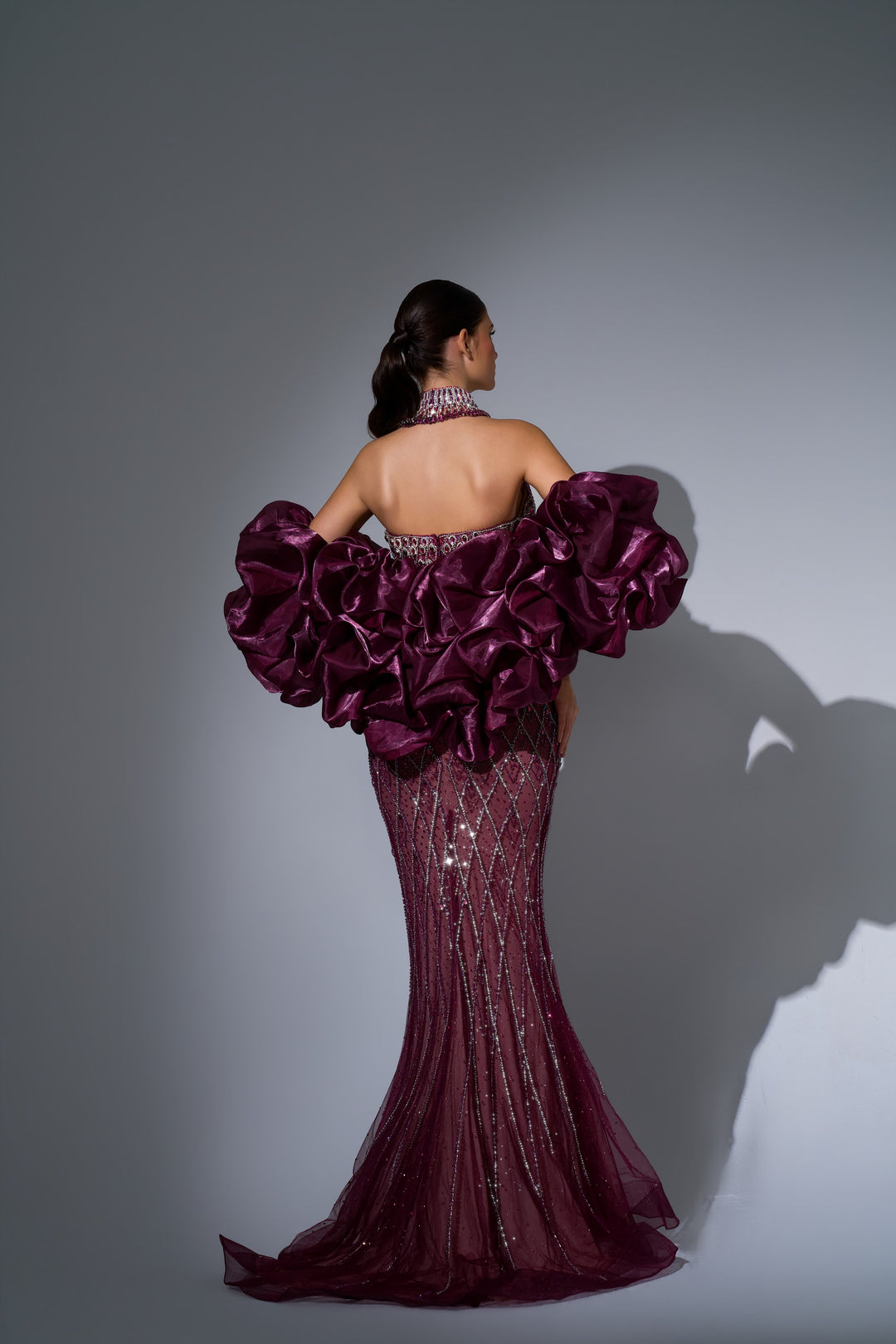Delilah LD11689 Strapless Plunging Crystal Lattice Mermaid Gown with Puff Sleeves - Red back view