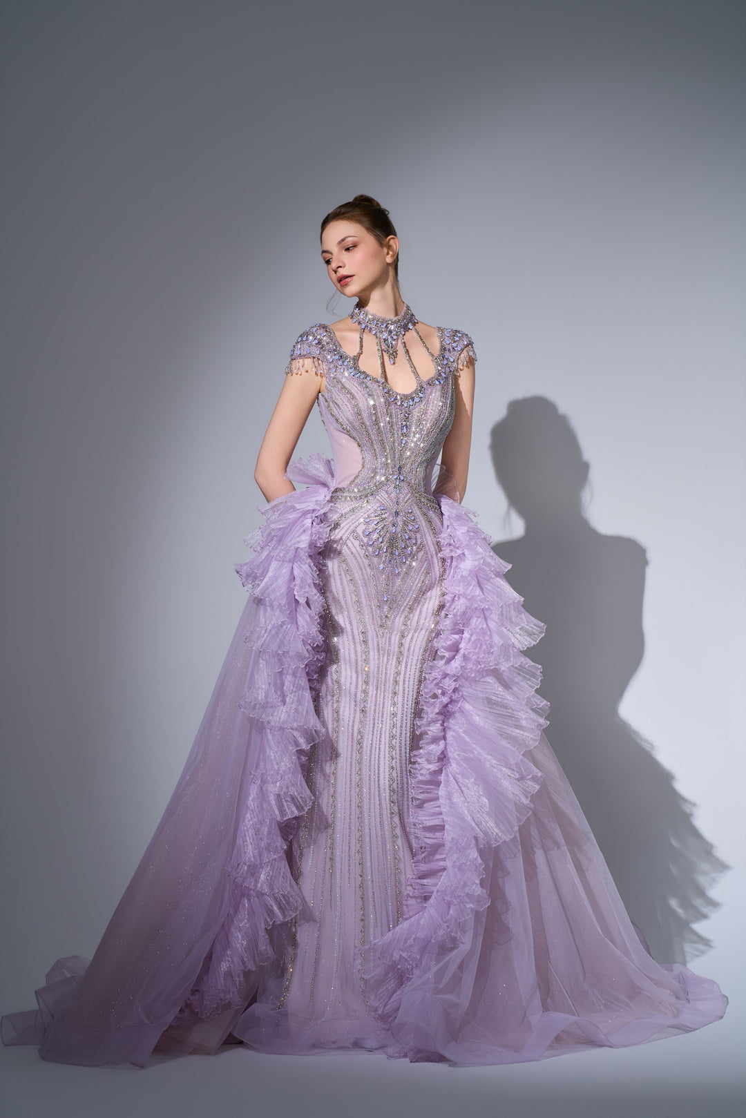 Delilah SH12057 High Neck Cap Sleeve Crystal Mermaid Gown with Ruffled Overskirt - Lilac front view